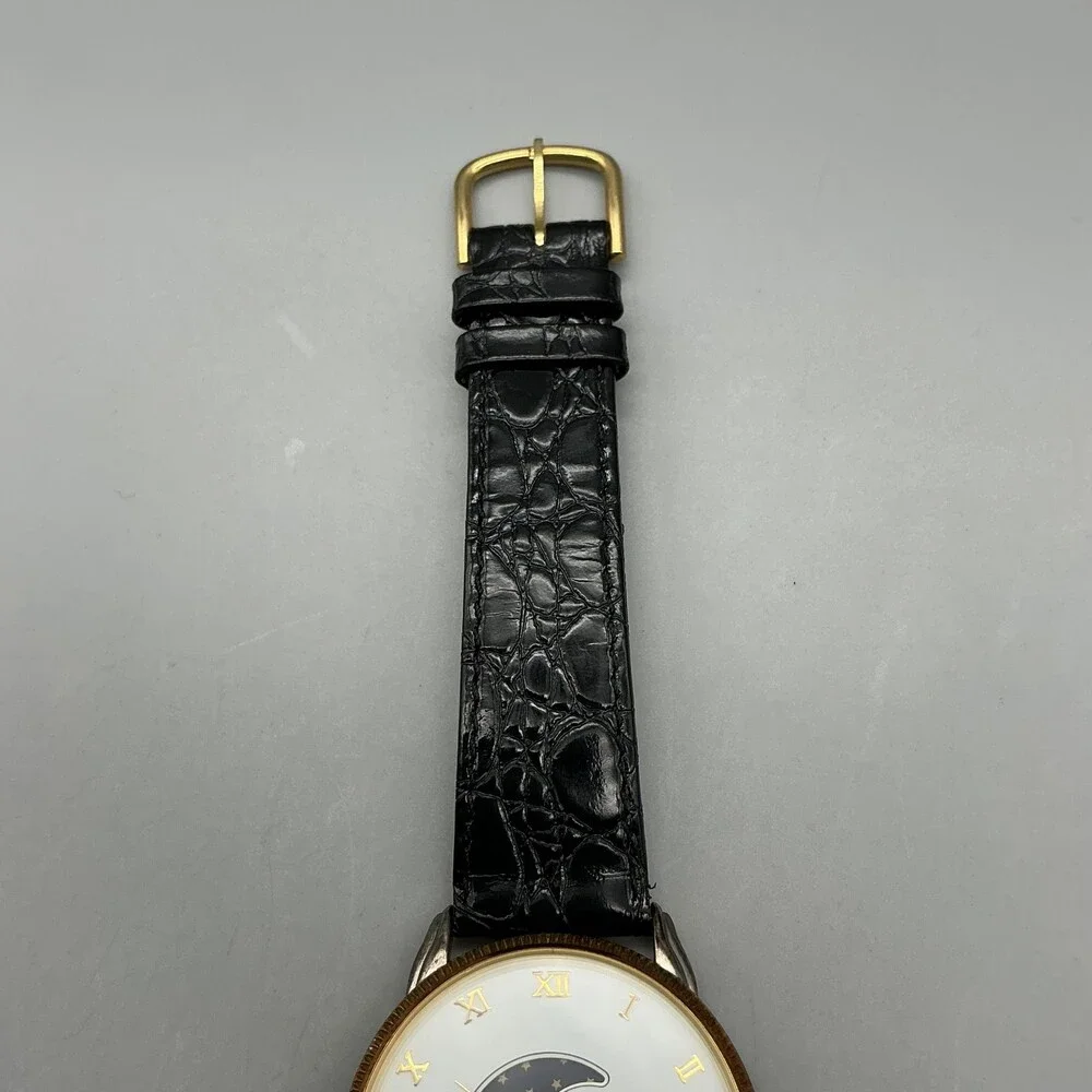 Mathey-Tissot Mens Watch 34mm Moon Phase Leather Date Swiss Made New Battery